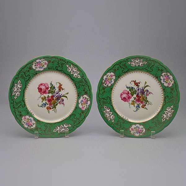 11 Czechoslovakian Gilt Floral China Service Plates: Set of Eleven Czechoslovakian Baronet Green Bordered Bone China Service Plates with Floral Sprays {Diameter of each 10 3/4 inches}