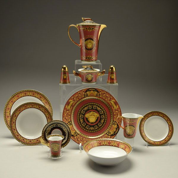 Rosenthal Versace Medusa Head Coffee Service:: Rosenthal Versace Medusa Head Coffee Service: Comprising eight dinner plates {diameter 10 3/4 inches}; eight soup bowls {diameter 9 inches}; eight salad plates {diameter 7 1/2 inches}; vegetable bowl;