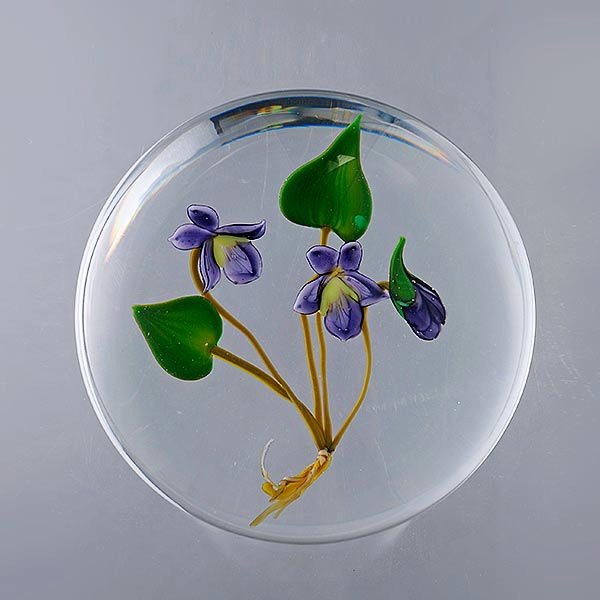 Paul Stankard Violet Paperweight: Paul Stankard Violet Paperweight on a Clear Ground, 'S" signature cane incised "4/100 B752 1982" above foot. {Height 2 inches; diameter 3 inches}