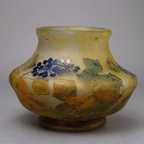 Daum Nancy Cameo Cut Squat Form Vase: Daum Nancy Cameo Cut Squat Form Vase, with Blueberry Sprays {Height 7 1/4 inches; diameter 9 inches} [chip; possible interior crack; please ask for condition report on this piece]