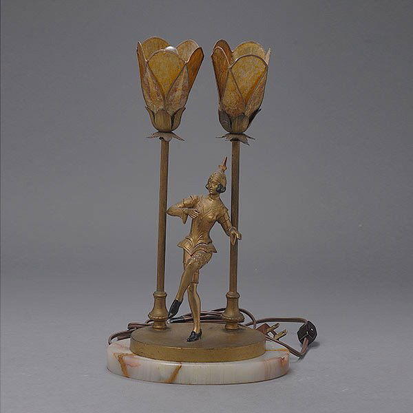 Art Deco German Two Light Lamp with Dancer: Art Deco German Two Light Lamp with Dancer, and Mica Shades {Height 14 inches}