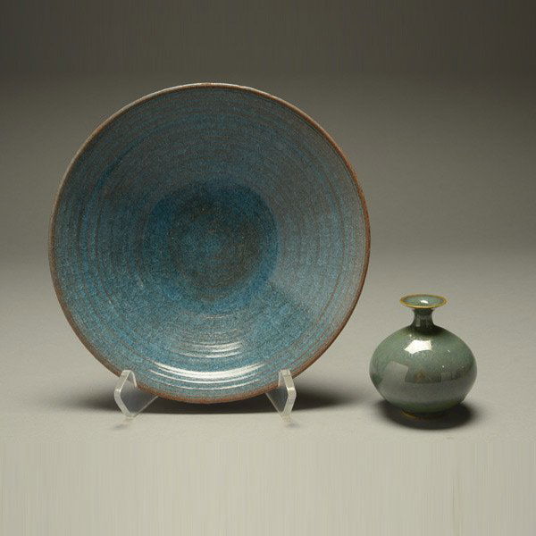 Laura Anderson Pottery Blue Bowl and Green Vase: Laura Anderson Pottery Blue Bowl and Green Vase {Diameter of bowl 10 1/4 inches; height of vase 3 3/4 inches}