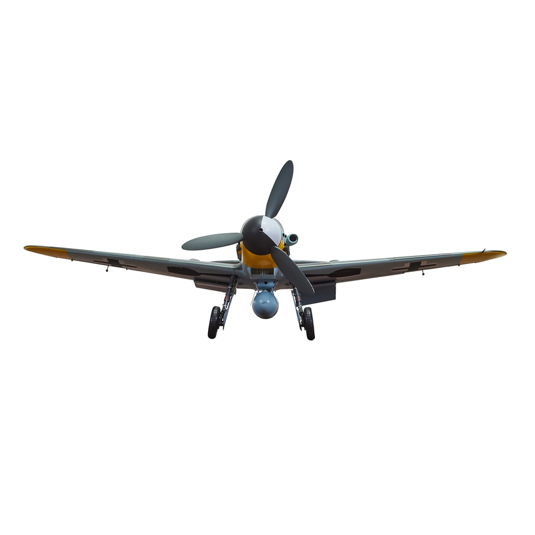 Model of German Messerschmitt Fighter Aircraft: Model of German Messerschmitt Fighter Aircraft, by Fine Arts Models of Michigan, Bf 109, G6. Paintedwith winter camouflage scheme, yellow 1, white crosses, and swastika tail fin. Housed on wood stand,