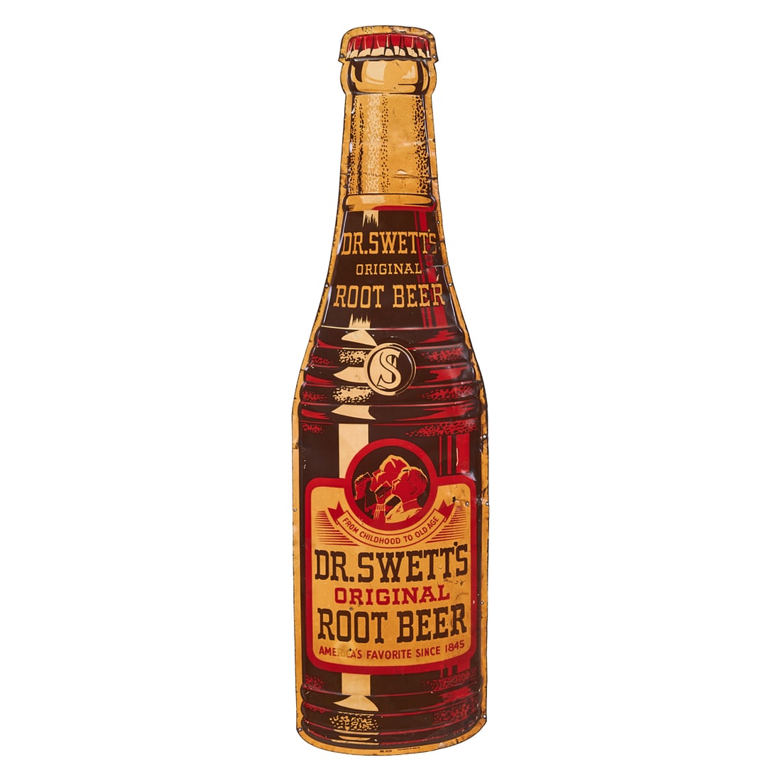 Dr Swetts Root Beer Lithographed Tin Bottle Sign: Dr. Swett's Root Beer Lithographed Tin Bottle Sign, die cut as a bottle, "From Childhood to Old Age," near two silhouettes on facsimile label; printed "No. 1025 Stout Sign Co. St. Louis Mo." to bottom