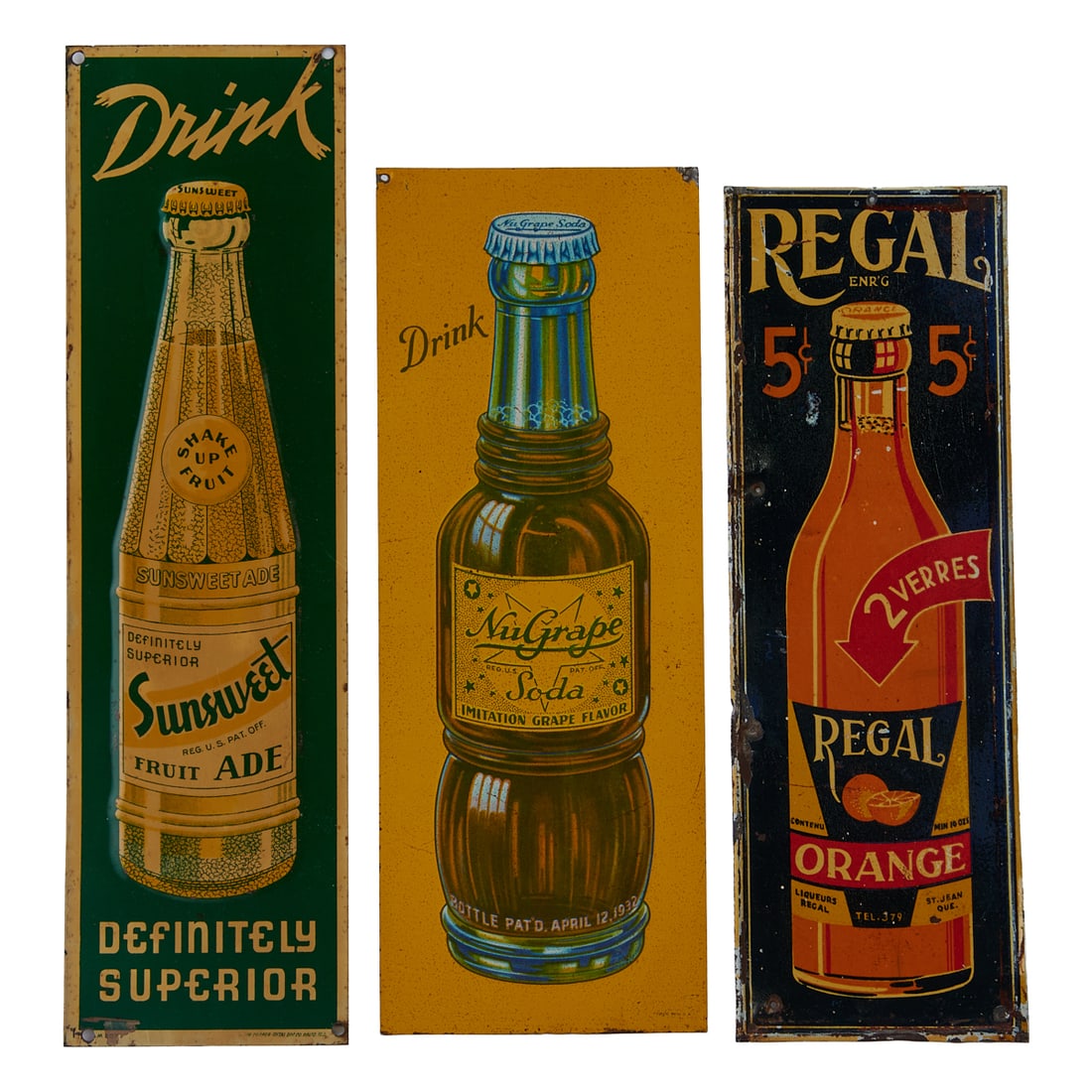 Three Lithographed Tin Advertising Signs: Three Lithographed Tin Advertising Signs: for Sunsweet Ade, Nu-Grape, Regal Orange, and Quebeçois Orange Regale. All die-cut, and two embossed; all designed as door pushes. Various makers and p
