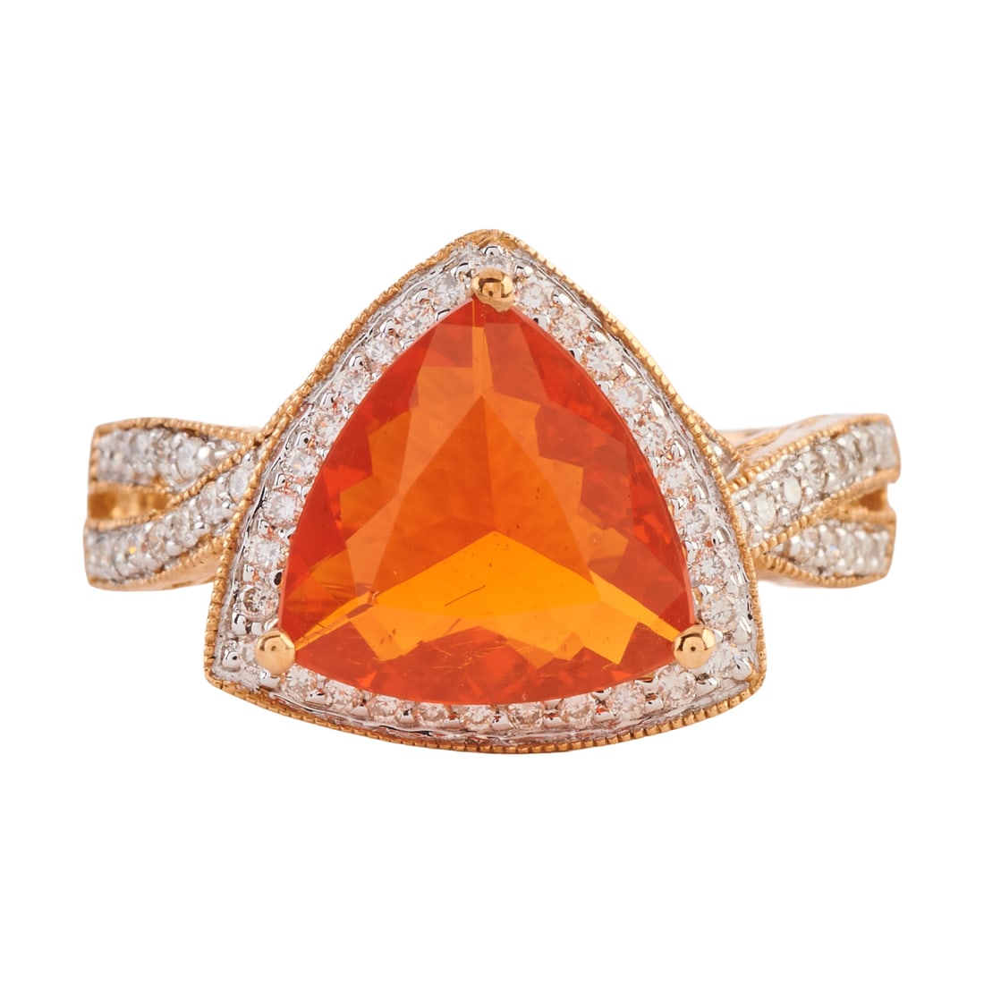 Fire Opal, Diamond, 14k Yellow Gold Ring: Fire Opal, Diamond, 14k Yellow Gold Ring. Featuring one triangular-cut fire opal weighing approximately 1.74 ct., accented by round-cut diamonds weighing a total of approximately 0.20 cttw., set in a 