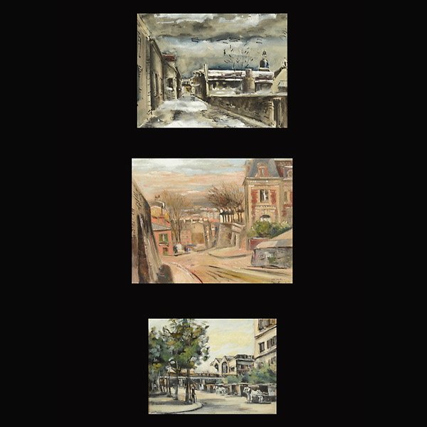 Patrick Jacob 3 Paintings of European streets, 1928: PATRICK JACOB (20th Century) 3 works showing European street scenes "December Evening" "View from a Hill" and "Train Station". Mixed media on board and oil on board. Sight: 16 x 21 1/2 inches, 19 x 23