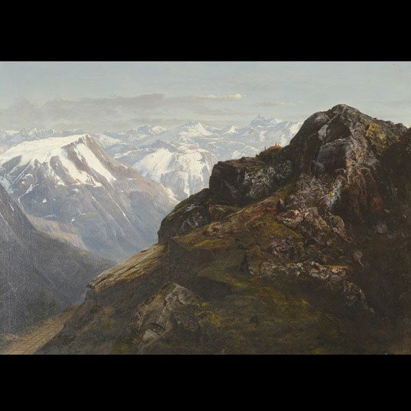 WILLIAM SAMUEL PARROTT Black Mountain Oil: WILLIAM SAMUEL PARROTT (American 1844-1915) "Black Mountain" Oil on canvas. 20 x 28 inches/ 50.8 x 71 centimeters Signed lower right "W. S. Parrott" Verso: Exhibition label on stretcher reading "The O
