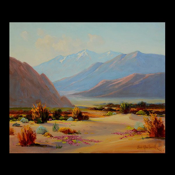 O. G. BARRETT "Palm Springs" Oil on canvas. : OLIVER GLEN BARRETT (Californian 1903 - 1970) "Palm Springs" Oil on canvas. 20 X 24 inches. Signed l/l "Oliver Glen Barrett". Verso: label with title and artist name. PROVENANCE: Private collection, C
