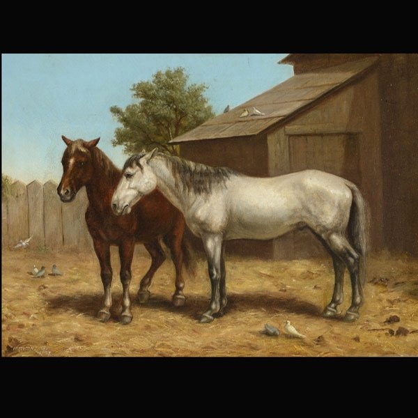 MATILDA LOTZ "Two Horses" 1875: MATILDA LOTZ (American 1858-1923) "Two Horses" Oil on canvas. 17 1/4 x 24 inches. Signed and dated l/l "Matilda Lotz 1875".