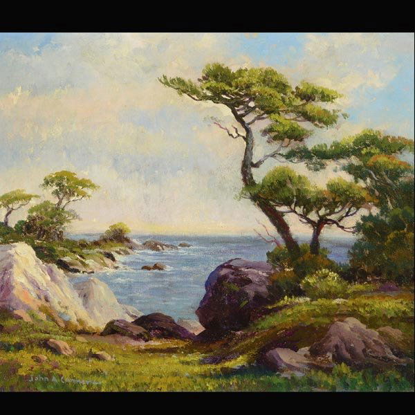J.A. CONNER "Monterey Cypress, Carmel Bay" oil: JOHN ANTHONY CONNER (Californian 1892 - 1971) "Monterey Cypress, Carmel Bay" Oil on board. 10 X 12 inches. Signed l/l "John A Conner". Verso: "Monterey Cypress, Carmel Bay". PROVENANCE: Private Collec