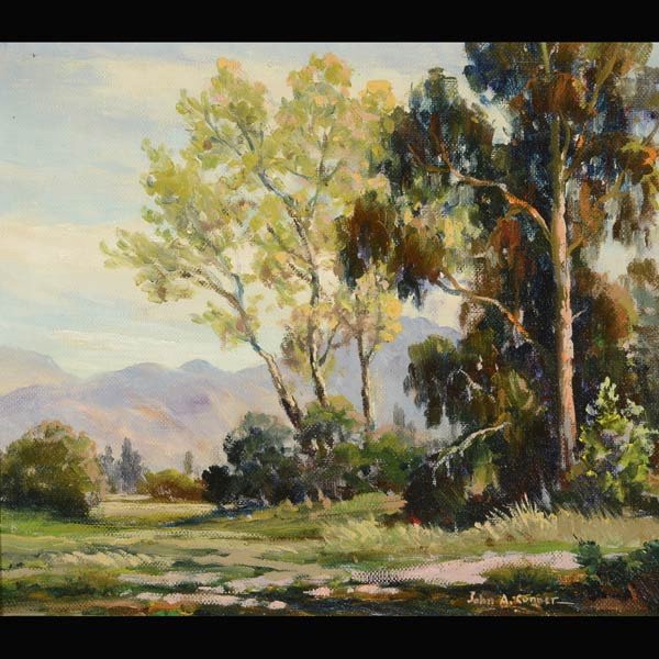 J.A. CONNER "Eucalyptus trees" oil on board: JOHN ANTHONY CONNER (Californian 1892 - 1971) "Eucalyptus and Sycamore, near Sunland Calif." Oil on board. 10 X 12 inches. Signed l/r "John A Conner". Verso: "Eucalyptus and Sycamore, near Sunland Cal