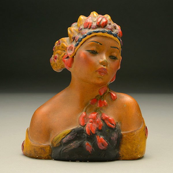 ESTHER HUNT Bust of Javanese girl: ESTHER HUNT (American 1875-1951) "Javanese Girl" Painted plaster. 9 x 9 x 4 inches. Signed on bottom "c Esther Hunt". PROVENANCE: Private collection, Central California.