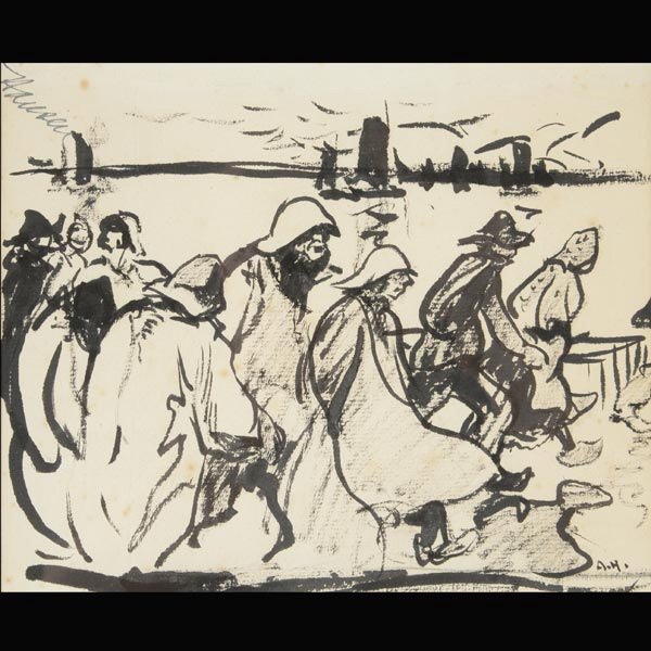 ARMIN HANSEN "Fisherfollk, 1925" Ink on paper: ARMIN HANSEN (Californian 1886-1957) "Fisherfolk, c. 1925" Ink on paper. Sight: 7 x 8 1/2 inches. Signed with initials l/r "A.H.".