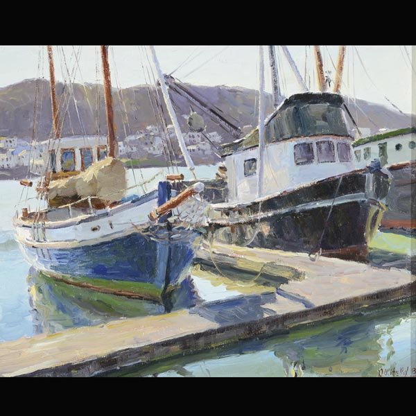 ULITSKIY "At the Pier" Oil on linen : OLEG ULITSKIY (Ukrainian b.1965) "At the Pier" Oil on linen canvas. 16 x 20 inches. Signed l/r "O Ulitskiy 13". Verso: Signed and annotated.