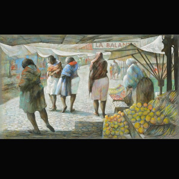 RAYMOND HOWELL "Market Place in San Miguel": RAYMOND HOWELL (Californian 1927-2002) "Market Place in San Miguel" Oil on board. 23 1/2 x 39 1/2 inches. Signed l/r "Raymond Howell".