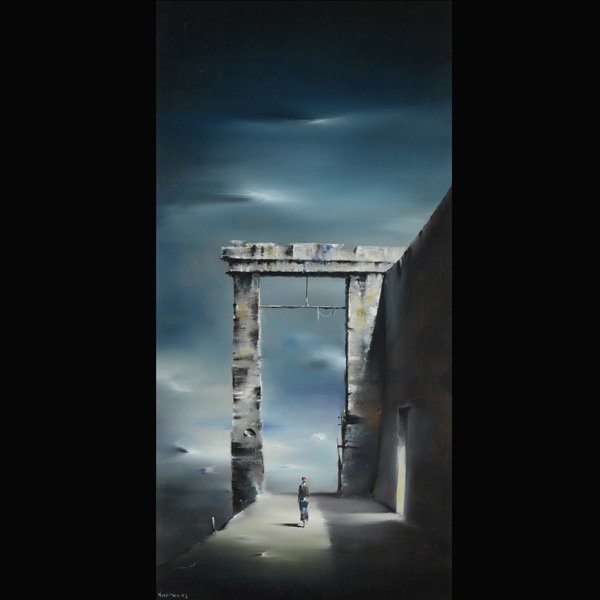 ROBERT WATSON "Suspended" 1958: ROBERT WATSON (Californian 1923-2004) "Suspended, 1958" Oil on canvas. 18 x 36 inches. Signed l/l "R Watson '58".