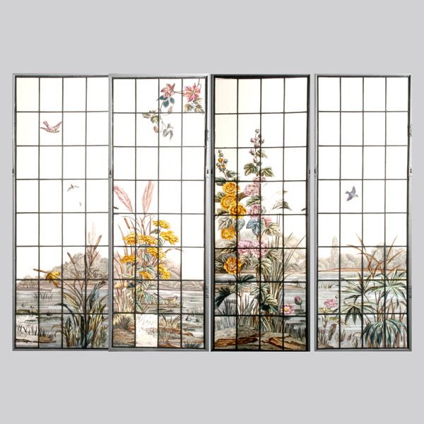 Four Art Nouveau Stained Glass Doors, circa 1910: Suite of Four Art Nouveau Stained Glass Doors, Circa 1910, the pictorial rectangular panel consisting of four leaded glass panels delicately painted with clematis branches above cat tails and dillweed