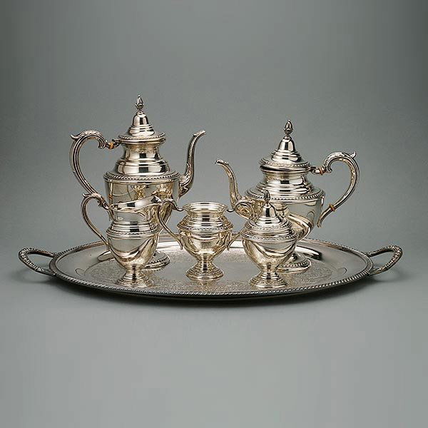 Rogers Sterling Tea Set with Two Handled Tray: Rogers Five Piece Sterling Tea Set with Silver Plate Two Handled Tray: Including a coffee pot {height 12 inches}; teapot; covered sugar {height 7 1/2 inches}; open sugar; and a creamer (6) {Total silv