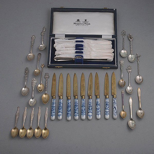 Assembled Lot of Demitasse and Souvenir Spoons: Assembled Lot of Seventeen Sterling Souvenir and Demitasse Spoons together with a boxed set of six Mappin & Webb lobster picks; nine German porcelain handled fruit knives and four plated novelty spoon