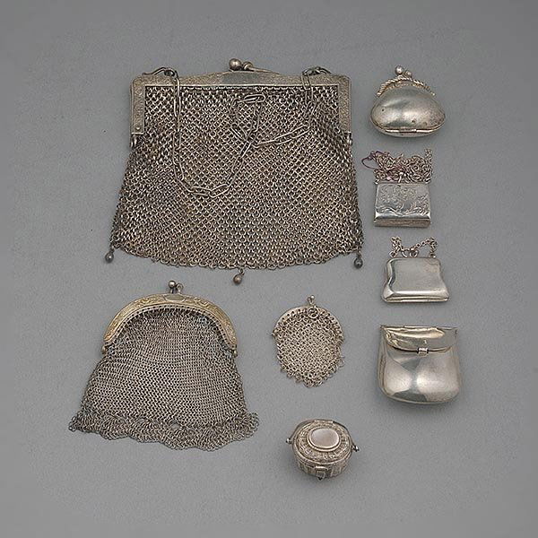 6 Miniature Silver Purses & Two Chain link Purses: Six Miniature Silver Purses (two marked "925" or "sterling", one marked "800") Together with Two Chain link Purses, one marked "German Silver" {Total weighable silver 2.7 troy; length of largest 5 inc