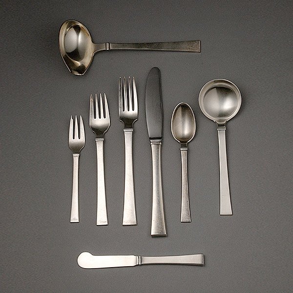 Danish Hans Hansen Bell Sterling Flatware: Hans Hansen Danish Sterling Flatware in the Bell Pattern: Including six dinner forks {length 7 1/2 inches}; six salad forks {length 6 1/2 inches}; six dessert forks {length 5 1/4 inches}; six soup spo