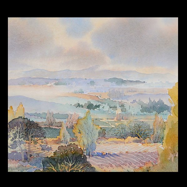 DOUGLAS CHIN "Valley Vineyard I" Watercolor: DOUGLAS CHUN (Chinese / American, 20th Century) "Valley Vineyard I" Watercolor on paper. 10 1/2 x 11 1/4 inches. Unsigned.