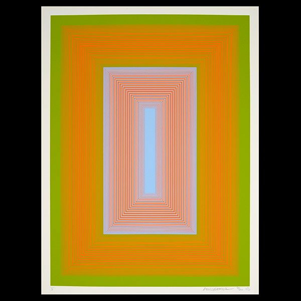 Graphic Screen Print: RICHARD ANUSZKIEWICZ (American b. 1930) "V" Color screenprint on paper 26 x 20 inches. Signed and numbered l/r "Richard Anuszkiewicz 91/200".