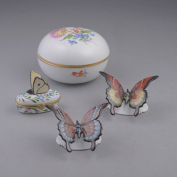 Two Rosenthal Butterflies and Two Porcelain Boxes: Two Rosenthal Butterflies Together with a Royal Danube Butterfly Treasure Box and Meissen Box (4) {Dimensions of Meissen box 3 1/4 x 5 inches; height of butterfly 2 1/4 inches}