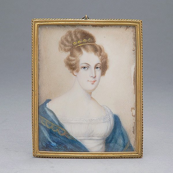 Hand Painted Miniature of a Woman,: Hand Painted Miniature of a Woman, with tortoise shell and silver overlay backing {Dimensions 3 1/2 x 3 inches}