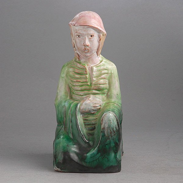 Wiener Werkstatte Figure of Seated Woman: Wiener Werkstatte Earthenware Figure of a Seated Woman with Helmet {Height 10 1/4 inches}