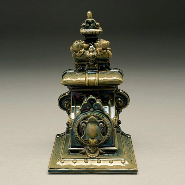 French Faience Wall Mount Shelf: French Clement Massier Blue Flambe on Olive Ground Faience Wall Mount Shelf {Dimensions 9 x 5 1/4 x 4 3/4 inches}