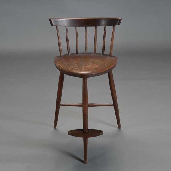 George Nakashima Bar Stool.: George Nakashima Bar Stool. With three legs and walnut seat. Measures approximately 26 inches in height, back height 36 inches.