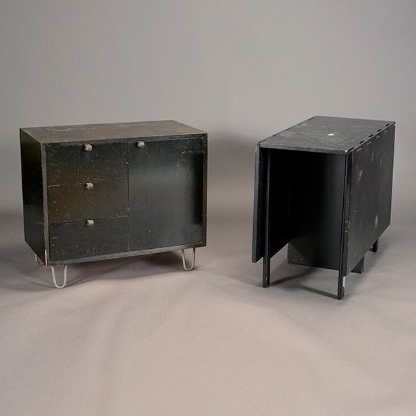 Herman Miller Table & George Nelson Dresser.: Herman Miller Saw Tooth Table and George Nelson Dresser. Ebonized draw leaf table with saw tooth hinges, early 1950s design. Measures approximately 40 inches in width, 18 inches in depth, 30 inches in
