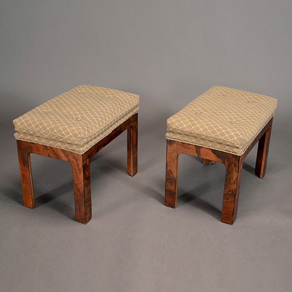 Pair of Upholstered Rosewood Footstools.: Pair of Upholstered Rosewood Footstools. With triangulated legs, in the manner of Dunbar Widdicomb.