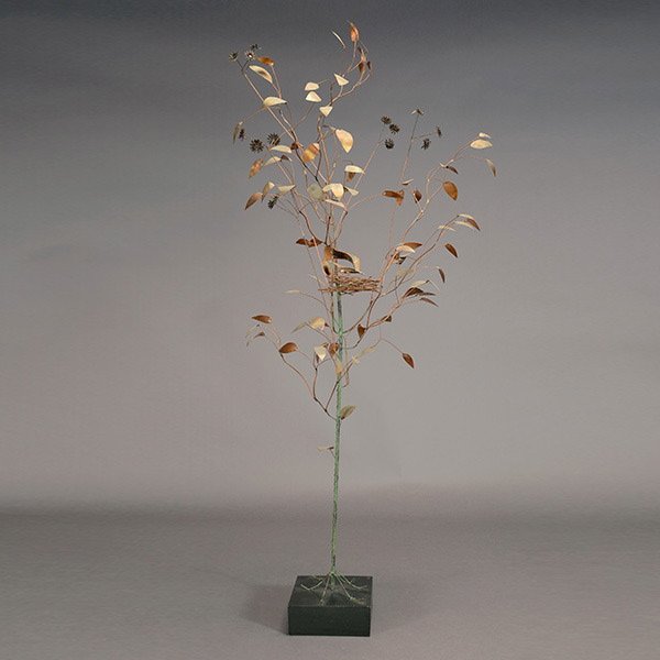 Curtis Jare Tree and Bird Nest Sculpture.: Curtis Jare Tree and Bird Nest Sculpture. Hand sculpted in typical 60s fashion, metal scuplture upon wooden base, measures approximately 65 inches in height, 26 inches in depth.