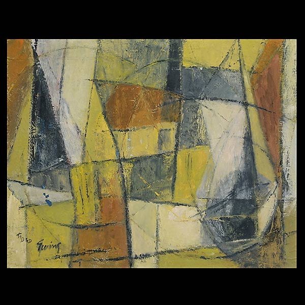 Modernist Abstract Painting Signed "Ewing." : Modernist Abstract Painting Signed "Ewing." Marked on back "Fisherman's Wharf." Image measures approximately 16 x 20 inches, frame measures approximately 31 x 26 inches. Edgar Ewing studied at the Chi