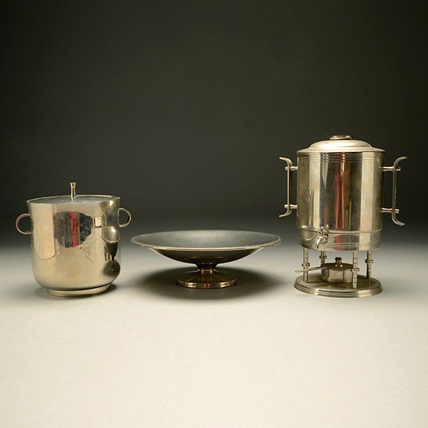 3 Dorlyn Silversmiths Chrome & Silverplate Items.: Collection of Three Dorlyn Silversmiths Chrome and Silverplate Items. Includes coffee decanter, ice bucket and centerpiece tray, designed by Tommi Parzinger.