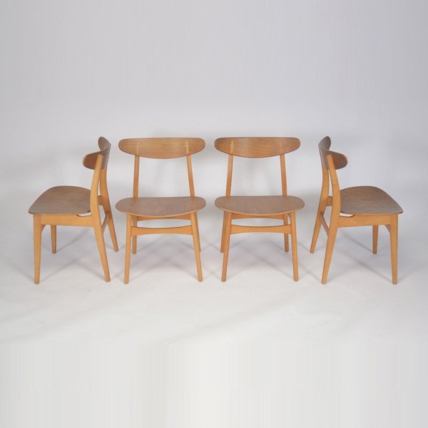 Four Hans Wegner Teak Dining Chairs.: Four Hans Wegner Teak Dining Chairs. Danish modern, early production, each chair with inlaid cross design.