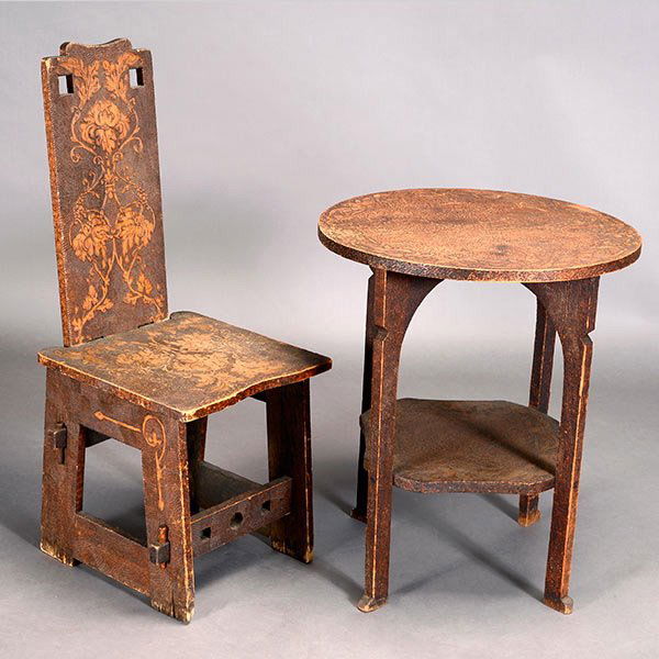 Pyrographic Chair and Table: Pyrographic Chair and Table Table: Diameter 24 inches, Height: 28 1/8 inchesChair: Length: 16 3/8 inches, Depth: 16 3/8, Height: 401/4 inches