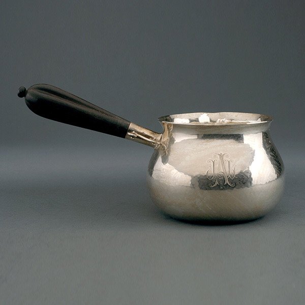 Arts and Crafts Hammered Silver Brandy Warming Pot: Arts and Crafts Hammered Silver Brandy Warming Pot with Ebonized Wood Handle Hallmark with FDR V date mark Tuttle Silversmiths Circa 1938 Total silver weight 29.28 troy oz; height 5 inches (13 cm); di