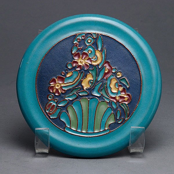 California Faince Tile Coaster With Paper Label: California Faience Coaster with original Paper Label Diameter: 5 1/2 inches