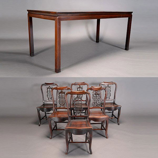A Suite of Dining Table and Six Chairs: A Suite of Dining Table and Six Chairs, Each open back chair carved with bats above longevity characters; the rectangular dining table raised upon straight legs with scroll feet. Table: 32 x 72 x 36 i