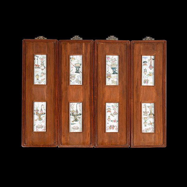 Hanging Panels with Porcelain Insets, Early 20th C.: Four Hanging Panels with Porcelain Insets, Each with two molded famille rose porcelain insets featuring various Chinese antiques. Early 20th Century, 10 1/4 x 35 1/4 inches (26 x 89.5 cm) [Losses. Thi
