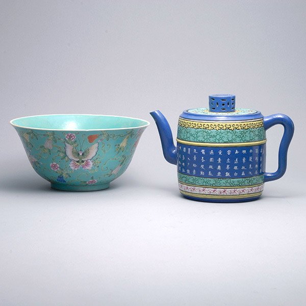 Two Famille Rose Porcelains, Republic Period: Two Famille Rose Porcelains, Comprising a large enameled yixing clay teapot and a large bowl depicting butterflies and gourds. Republic Period, Diameter: 8 3/4 inches (22.2 cm) of bowl [Minor to the e