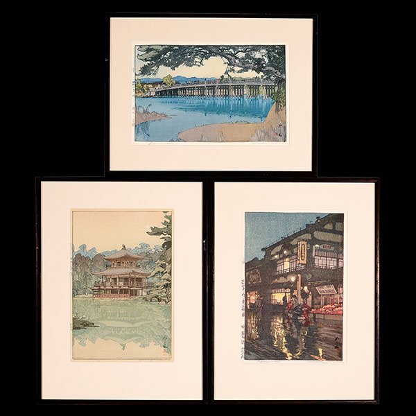 Hiroshi Yoshida (1876-1950): Three Woodcuts: Hiroshi Yoshida (1876-1950): Three Woodcuts, a) Kagurazaka Dori, oban, dated 1929, titled, signed with a seal to the bottom right, framed and glazed;b) Seta Bridge, oban, dated 1933, titled, signed wi