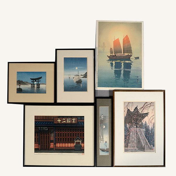 Various Artists: Six Woodcuts: Various Artists: Six Woodcuts, a) Hiroshi Yoshida (1876-1950): Sailing Boats, Morning from Inland Sea Series, double oban, dated 1926, titled, signed with a seal to the botthom right;b) Toshi Yoshida