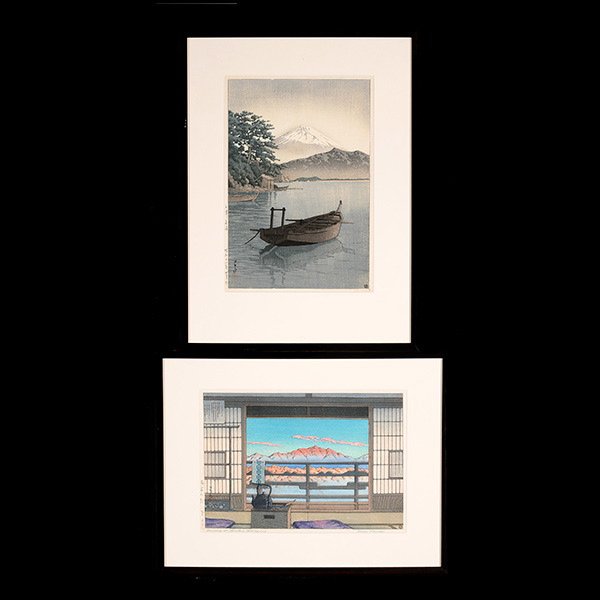 Kawase Hasui (1883-1957): Two Woodcuts: Kawase Hasui (1883-1957): Two Woodcuts, a) Morning at the Arayu Spa, Shiobara, oban, titled, Watanabe publisher's mark, signed wth one seal to the lower left, framed and glazed;b) Nagahama Beach, Mito
