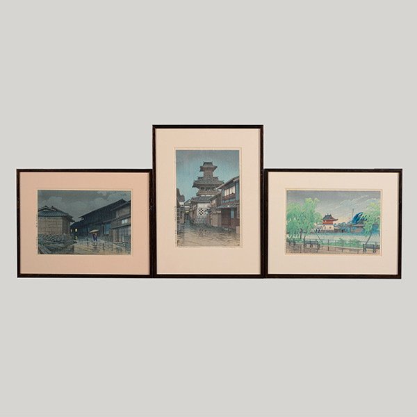 Kawase Hasui (1883-1957): Three Woodcuts: Kawase Hasui (1883-1957): Three Woodcuts, a) Bell Tower in Okayama, oban, dated 1947, titled, signed with a seal to the lower left, framed and glazed; b) Tokaido Nissaka from Selection of Views of Tok