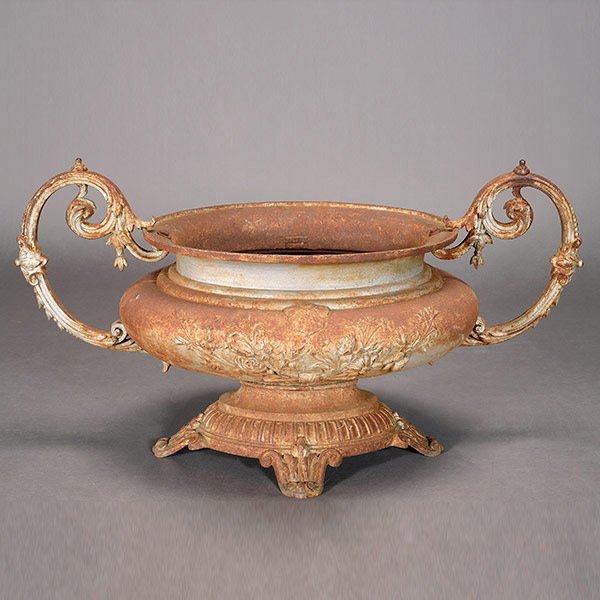 Large Art Nouveau Cast Iron Planter with Pedestal: Large Art Nouveau Cast Iron Pedestal Garden Urn with bas floral relief and leafy scrolling handles {Height to top of handle 18 1/2 inches; Diameter 34 inches} Sold to benefit HIP Housing in San Mateo,